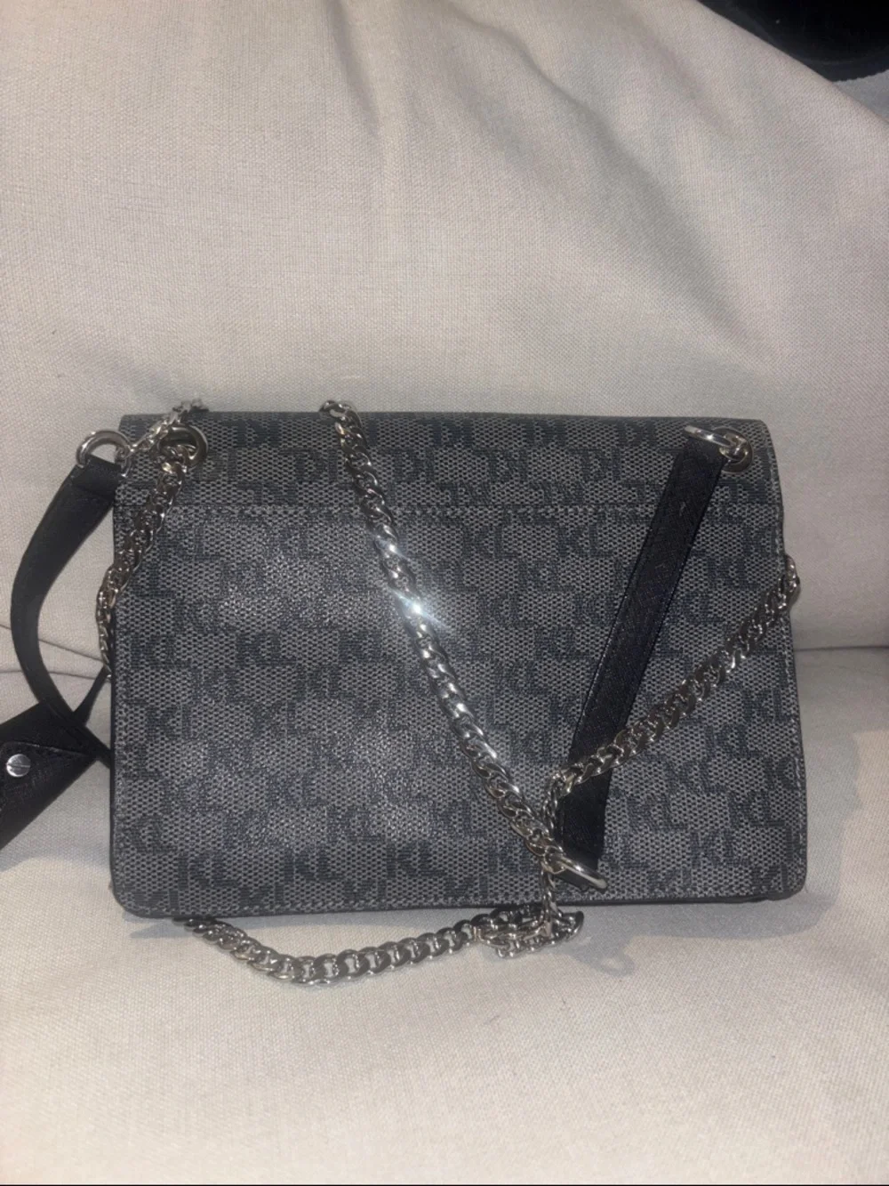 Karl Lagerfeld Gray Monogram Crossbody with Pink Floral Embroidery - Picture 3 of 6